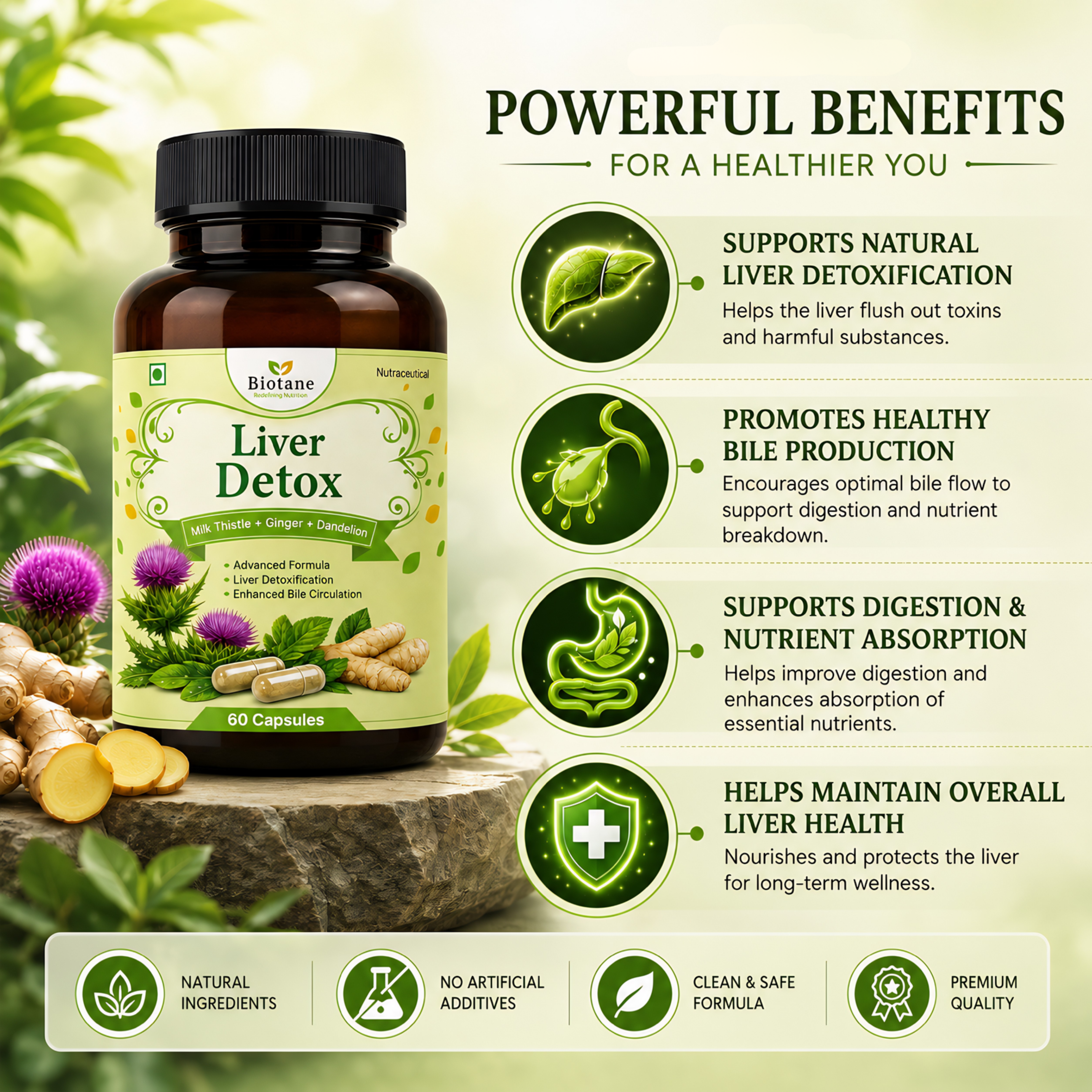 Biotane Liver Detox with Milk Thistle + Dandelion + Ginger | Liver Cleanse, Liver Detoxification & Bile Circulation Support | 60 Veg Capsules