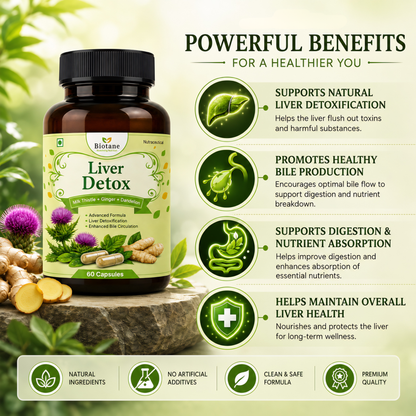 Biotane Liver Detox with Milk Thistle + Dandelion + Ginger | Liver Cleanse, Liver Detoxification & Bile Circulation Support | 60 Veg Capsules