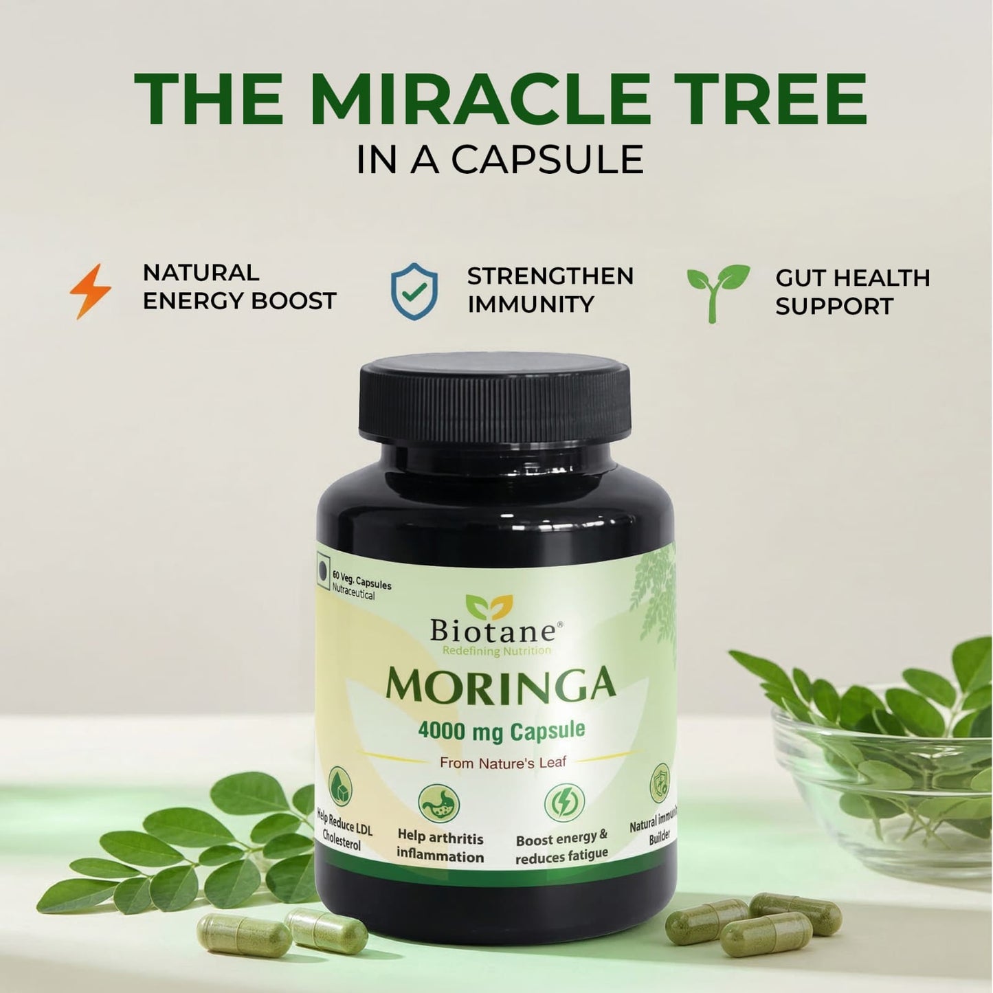 Biotane Moringa Capsules 4000mg | Natural Energy & Immunity Support | Helps Maintain Healthy Cholesterol | Joint & Vitality Care